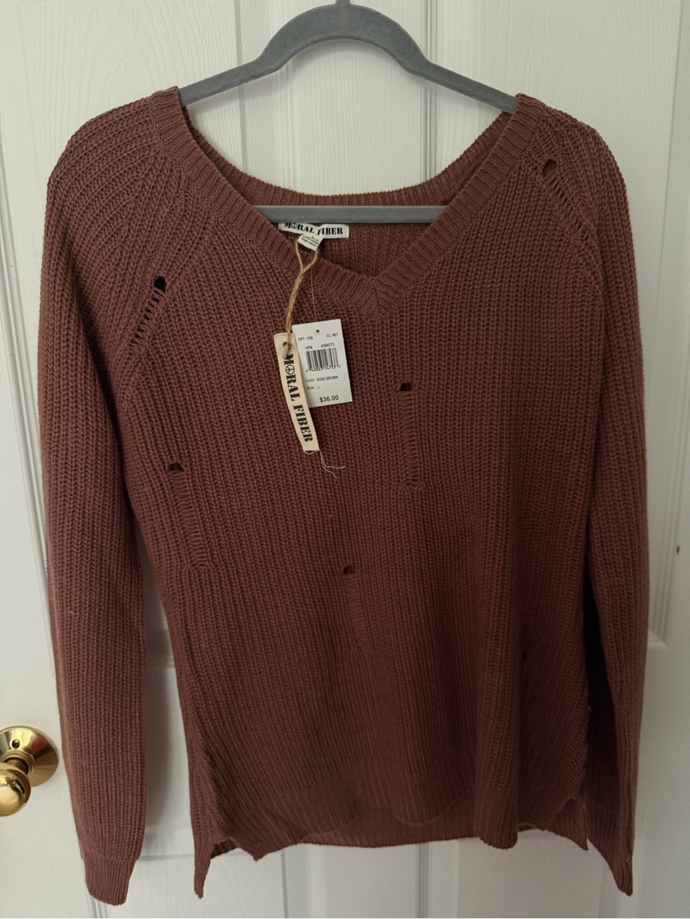 Distressed V-Neck Sweater - Brown